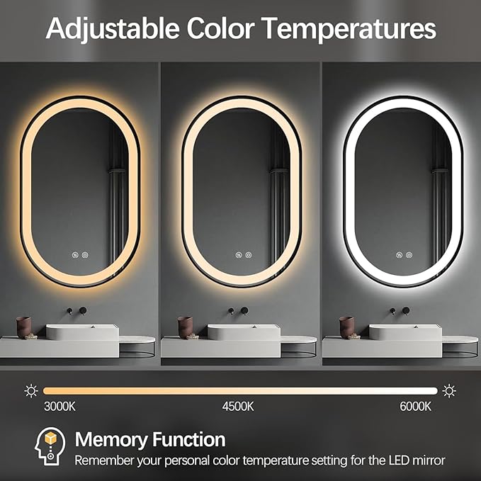 Niccy Oval LED Mirror for Bathroom, 40x24 Front Lit + Backlit Vanity Mirrors with Light Anti-Fog, Shatter-Proof, 3 Colors, Makeup Mirror with Black Frame (Horizontal/Vertical)