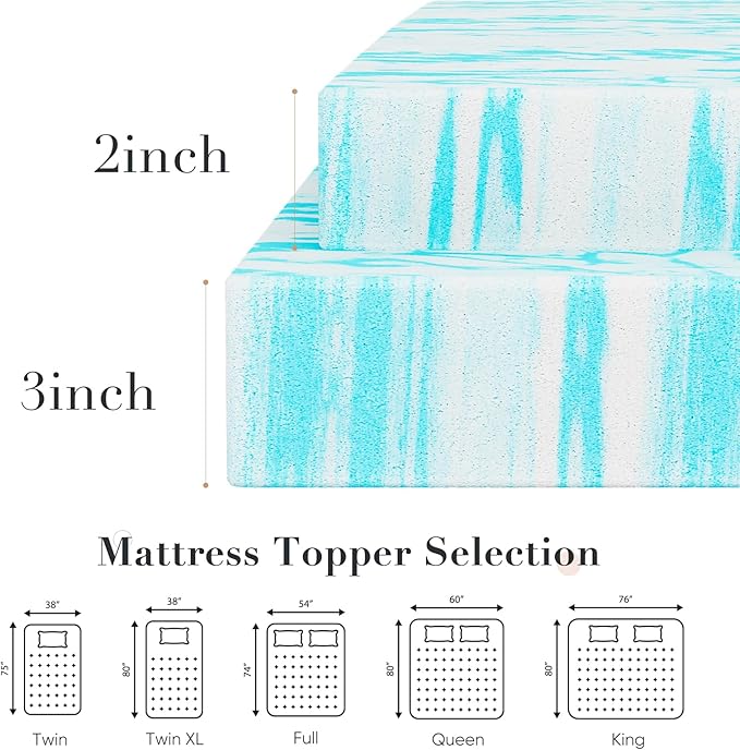 DUMOS Mattress Toppers Memory Foam Twin XL, 2 Inch Thick Bed Topper Pad Cooling Gel Infused Soft Comfy Padding Breathable for Sleeper Sofa Couch RV Camper, CertiPUR-US Certified, Blue