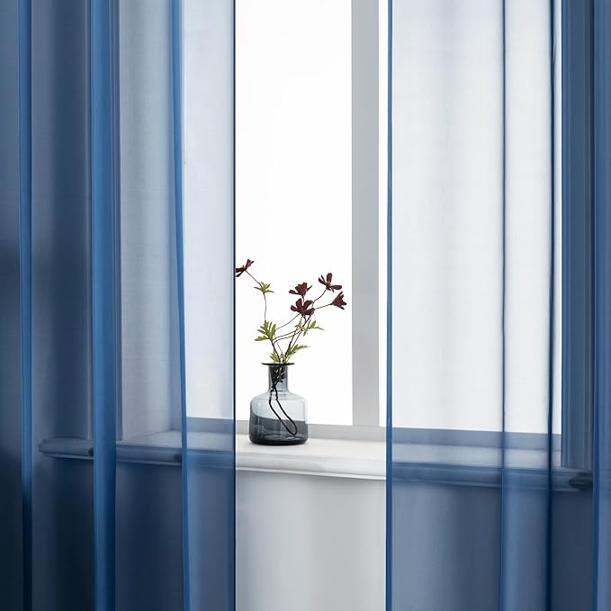 DUALIFE 45 Inches Navy Short Curtains for Bathroom Set of 2 Panels Grommet Semi Voile Drapes Navy Blue Sheer Curtains for Boys Room Kids Bedroom Small Windows 52 x 45 Inch Indigo Blue