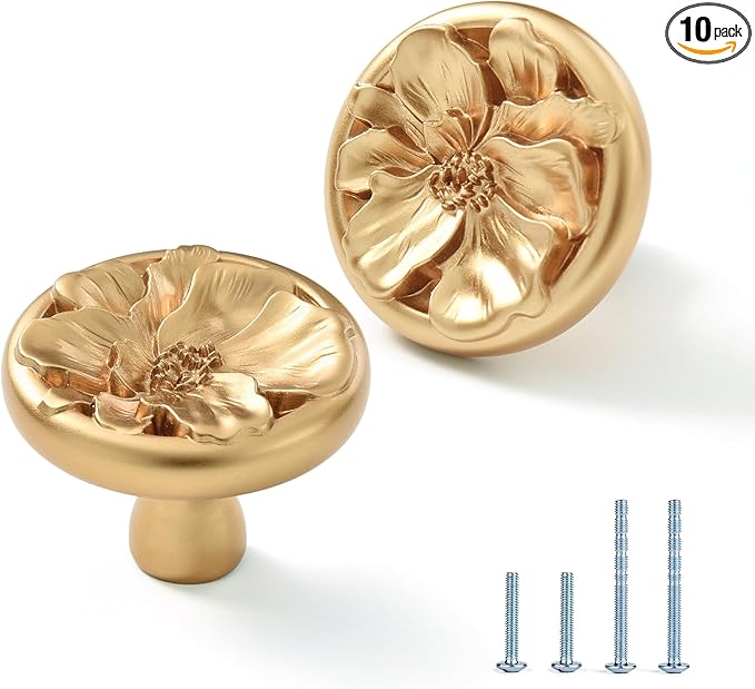 Flower Cabinet Pulls Handle Knob Drawer for Kitchen Dresser Wardrobe Bathroom and Cupboard One Hole Hardware Knobs for Girl Easy Installation Pack of 10 Champagne Bronze