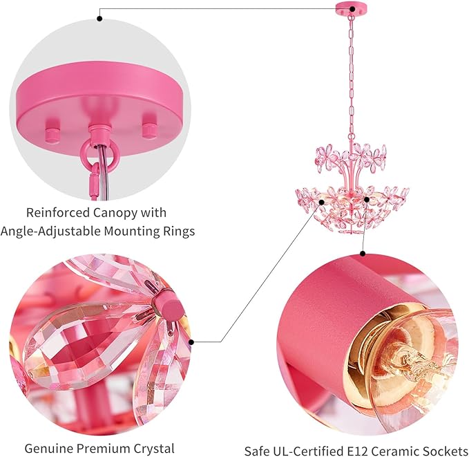 WUZUPS Crystal Chandelier Pendant Flushmount Ceiling Light Modern Lighting Fixture for Bedroom Hallway Bar Kitchen Bathroom, H 15.7" x W 17.7", Pink, E12 Base
