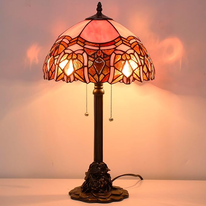 Tiffany Stained Glass Table Lamp 12X12X21Inch Resin Base Desk Bedroom Living Room Reading Light (Pink Jewelry)