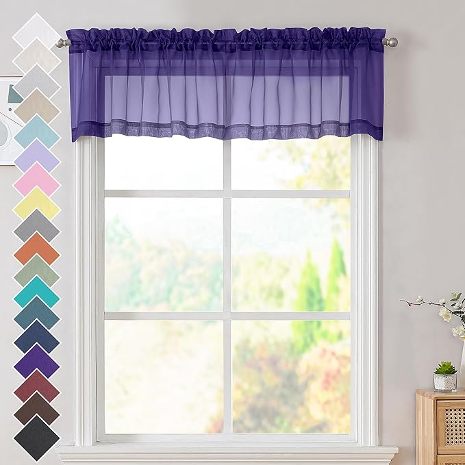 OVZME 2 Panels Purple Sheer Valance - Short Sheer Curtain Valances for Windows Basement Semi Sheer Valances for Kitchen Window Dressing with Dual Rod Pocket (Purple, 42 by 14 Inches Long)