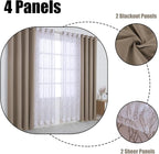 BONZER Mix and Match Curtains - 2 Pieces Branch Print Sheer Curtains and 2 Pieces Blackout Curtains for Bedroom Living Room Grommet Window Drapes, 54x108 Inch/Panel, Taupe, Set of 4 Panels