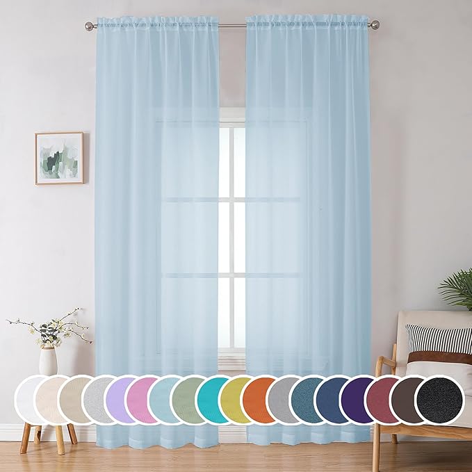 OWENIE Sky Blue Sheer Curtains 90 Inches Long for Bedroom Living Room 2 Panels Set, Light Filtering Voile Light Blue Sheer Curtain, Airy Rod Pocket Farmhouse Curtains, 42Wx90L, Sky Blue