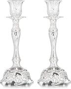 Sziqiqi Silver Plated Candlestick Holders Set of 2 Taper Candle Holders Deluxe Ornate Candle Holders for Shabbat Taper Candles, Candle Centerpiece, Wedding Candles, Christmas Candle, 7.4inch