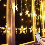 TOFU Star Curtain Lights, 108 Led 12 Stars Remote Window Curtain String Lights Plug in with 8 Flashing Modes Decoration for Christmas, Wedding, Bedroom, Party, Birthday, 7.3ft W, 3.3ft H, Warm White