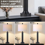 28" Tall Modern Table Lamps Set of 2 with USB C+A Ports and AC Outlet, 3 Way Touch Metal Bedside Lamps for Living Room, Black Nightstand Lamps for Bedroom