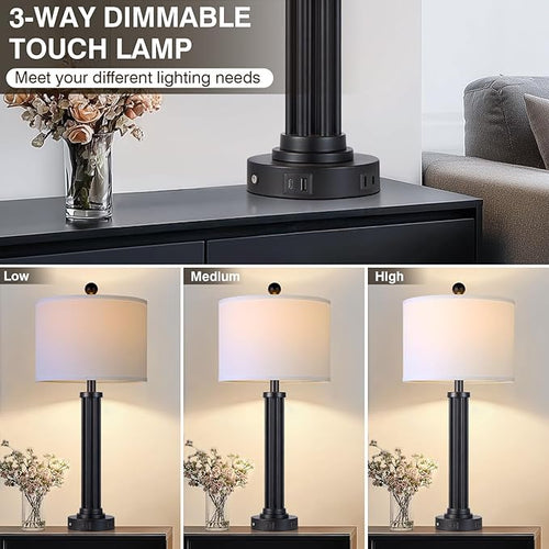 28" Tall Modern Table Lamps Set of 2 with USB C+A Ports and AC Outlet, 3 Way Touch Metal Bedside Lamps for Living Room, Black Nightstand Lamps for Bedroom