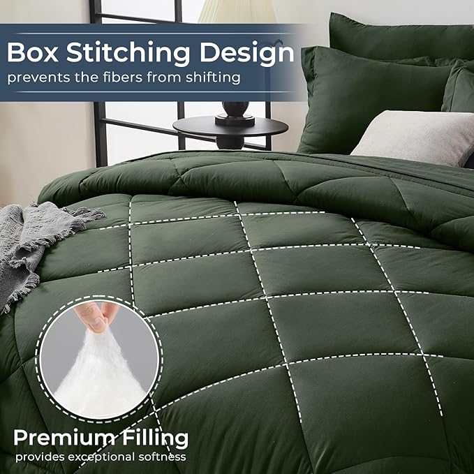HEVUMYI Army Green Full Comforter Set - 7-Piece All Season Bed in a Bag Full, Ultra Soft Bedding Set with Comforter, Flat Sheet, Fitted Sheet, Pillowcases, Pillow Shams