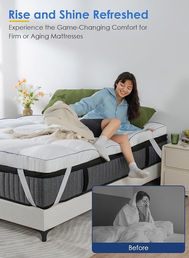 QUEEN ROSE Mattress Topper Queen, Pillow Top Extra Thick Mattress Bed Cover Topper, Soft Baffle Box Overfilled Down Alternative for Back Pain, 4 Corner Straps, White