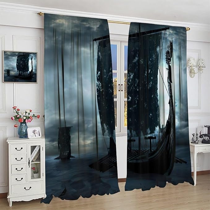 Viking Ship Curtains, Night Scene with Black Vikings Dragon Ship Sailing, Vintage Ancient Scandinavian Nautical Print Blackout Window Drapes for Boys Bedroom Living Room 55x63in