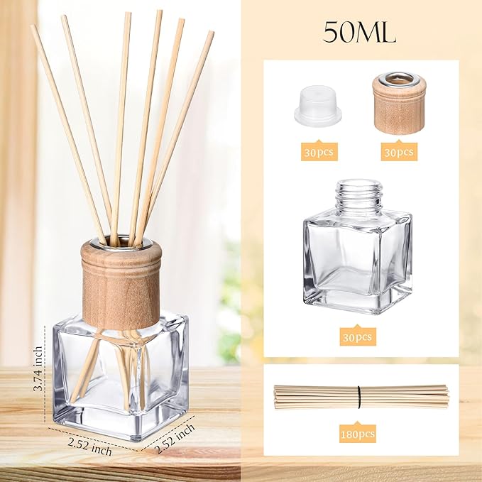 Roshtia 30 Set Reed Diffuser Bottle Empty Refillable Fragrance Glass Diffuser Bottles with Wooden Caps Rattan Sticks 50ml 1.7 oz Glass Jars for DIY Fragrance