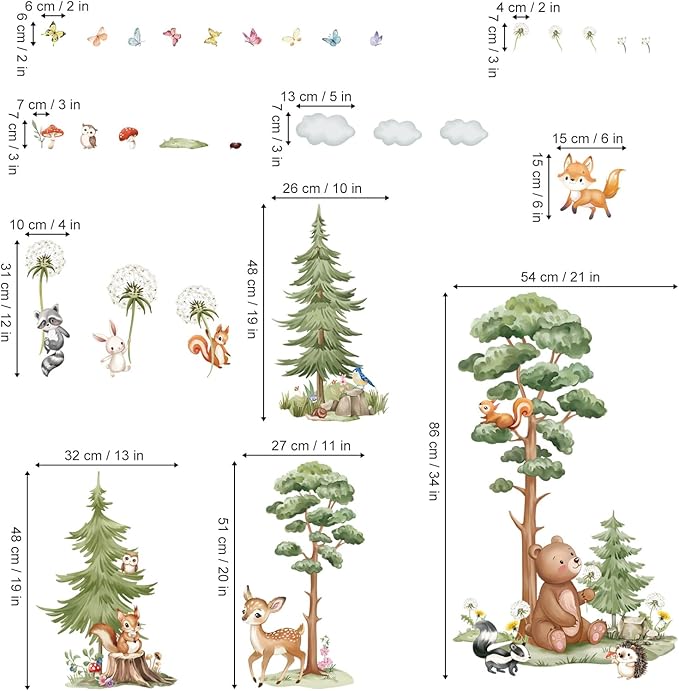 wondever Large Woodland Animal Tree Wall Stickers Forest Animals Bear Deer Dandelion Peel and Stick Wall Art Decals for Baby Nursery Kids Bedroom