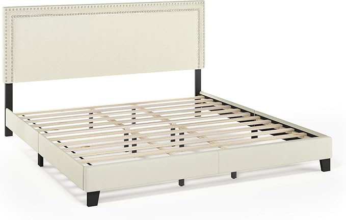 Furinno Laval Double Row Nail Head Upholstered Platform Bed Frame, King, Linen