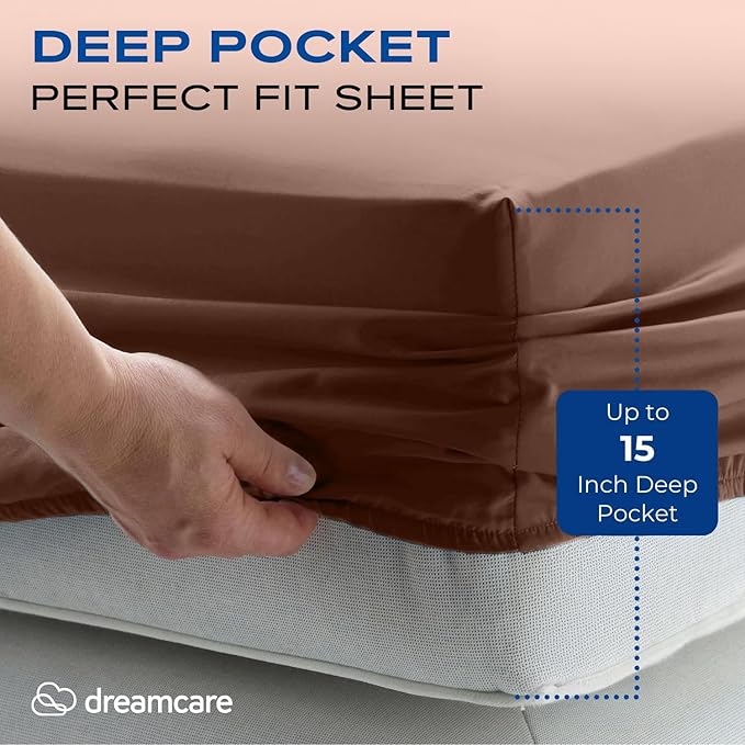 DREAMCARE Full Size Sheets Set - 4 Pcs Cooling Bed Sheets with Up to 15" Deep Pockets - Soft, Long-Lasting 100% Brushed Polyester with Side Pocket (Mocha Brown)