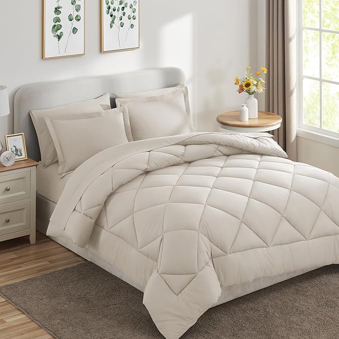 CozyLux Queen Comforter Set Beige - Bed in a Bag Queen Size 7 Pieces, Luxury Soft Bed Set for All Seasons, Bedding Set with Down Alternative Comforter, Sheets, Pillowcases & Shams