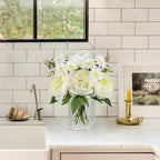DILATATA Artificial Flowers in Vase White Silk Peony & Daisy Faux Floral Arrangements for Table Centerpieces, Home Office Kitchen Bathroom Decor, Spring Fake Flower Arrangement