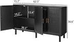 Finnhomy 4 Door Sideboard Buffet Cabinet, Kitchen Storage Buffet with Black Painted Rattan Decorated Doors, Cupboard Console Table, Boho Accent Liquor Cabinet, 62.3X 15.7X 34.6 Inches, Full Black