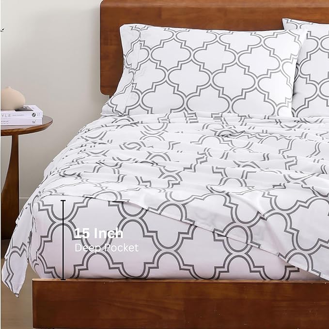 LANE LINEN 100% Organic Cotton Printed California King Sheets Set, 4-Piece Soft & Comfy Sustainably Produced Oeko-Tex Certified All Season Naturally Cooling Cal King Sheets - Trellis Silver