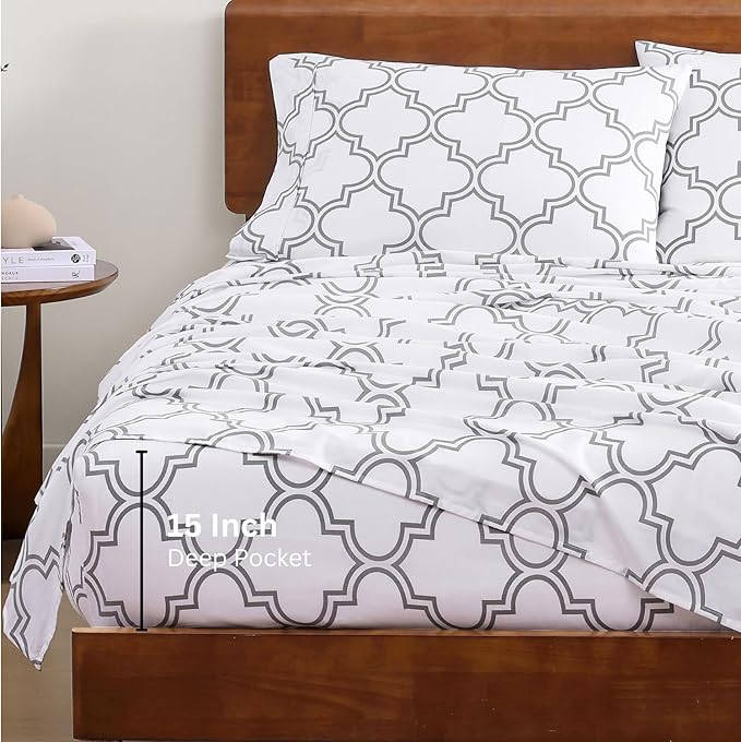 LANE LINEN 100% Organic Cotton Printed Sheets Queen Size Bed Set, Fade Resistant Fully Elasticized Reinforsed Seam in Fitted Sheets Pocket, Avaialbe in Variety of Prints- Trellis Silver