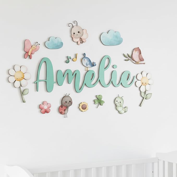 Custom Nursery Name Sign with Themed Decor Kit | Personalized Wooden Wall Art for Baby, Kids Room | Space, Jungle, Circus, Under the Sea, Woodland, Rainbow (10", Fairy Garden)