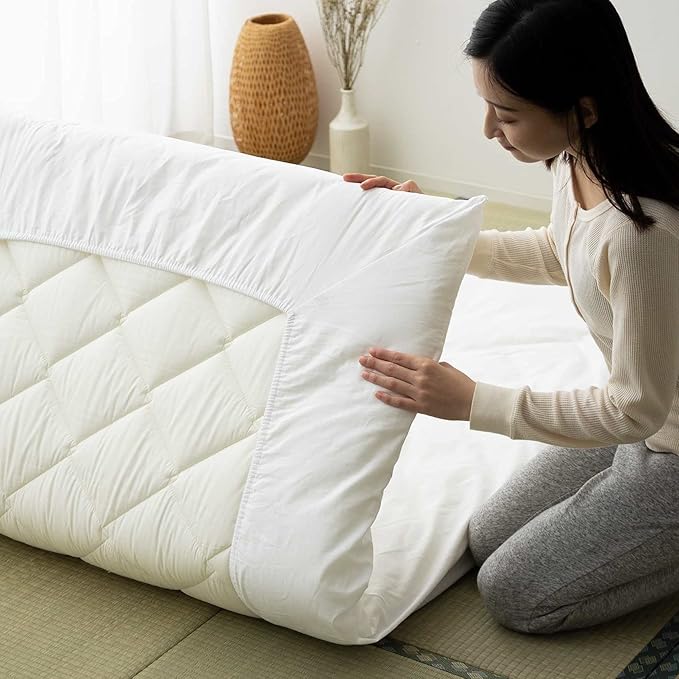 EMOOR Japanese Futon Mattress CLASSE & Fitted Sheet PRESSO Twin Made in Japan, Cotton (White) Foldable Floor Sleeping Bed Tatami Mat