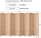 RHF 6 Ft. Tall Extra Wide-Diamond Weave Fiber Room Divider, 8 Panel Room Divider/Screen,Room Dividers and Folding Privacy Screens 8 Panel&Room Dividers and Folding Privacy Screens-Natural, 8 Panel