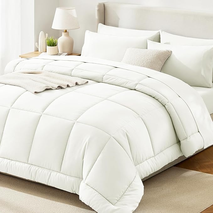 CozyLux Full Size Comforter Set Ivory - 7 Pieces Bed in a Bag, Cream Off White Comforter Full Size, Bedding Sets with All Season Quilted Comforter, Flat Sheet, Fitted Sheet, Pillowcases