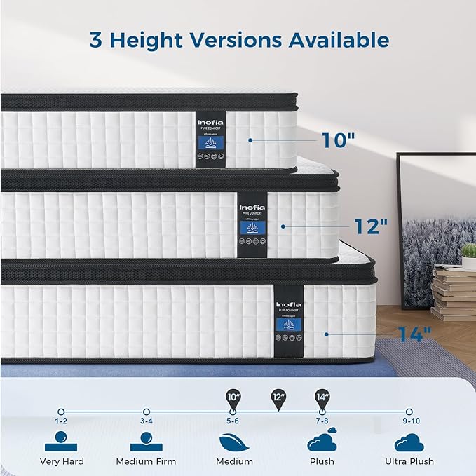 Inofia Twin XL Size Mattress, 14 inch Hybrid Twin XL Mattress in A Box,Ultra Comfort Memory Foam Layer, Medium Feels, Cooling Breathable Cover,Low Motion Transfer Supports for Any Sleep Position