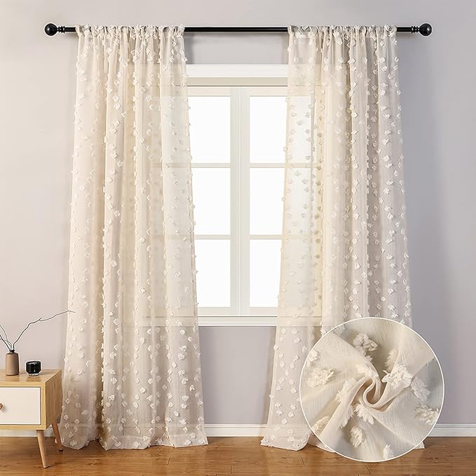 MYSKY HOME Pom Pom Beige Sheer Curtains for Bedroom Girls Room Curtains for Nursery Kids Light Filtering Boho Window Drapes, Rod Pocket, 52 x 95 Inches, 2 Panels