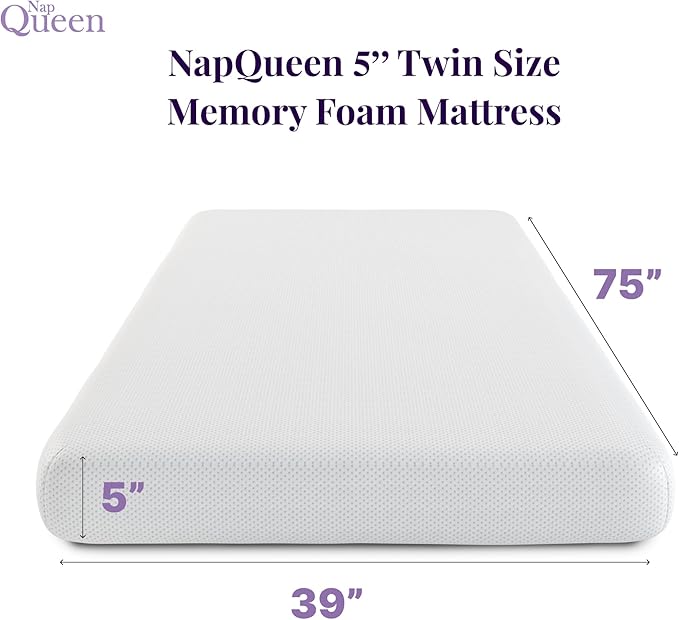 NapQueen 5 Inch Twin Memory Foam Mattress, Medium Feel, CertiPUR-US Certified, Bed in a Box, Breathable Soft Fabric Cover, White