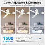 ocioc 52 inch Ceiling Fans with Lights and Remote, Dimmable Ceiling Fans with Reversible Quiet DC Motor, Flush Mount, 3CCT, White Ceiling Fan for Bedroom Living Room Indoor/Outdoor