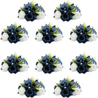 10Pcs Fake Flower Ball Arrangement Bouquet, 9.5" 15 Heads Plastic Roses with Base,Suitable for Parties Valentine's Day Wedding Centerpiece Flower Rack and Home Décor (Dusty Blue & White)