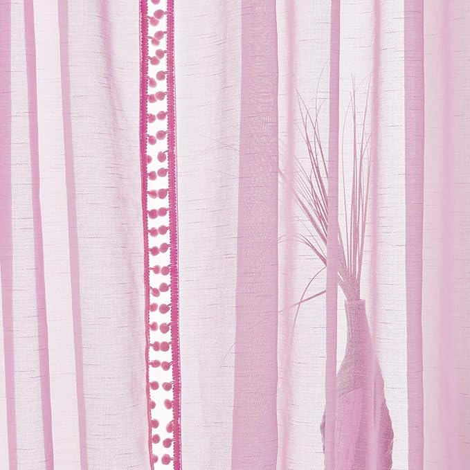 Treatmentex Pom-Pom Sheer Curtains for Bedroom 84 inches Linen Textured Look Pink Sheer Window Draperies for Girl's Room, 52" w x 2 Panels, Red, Rod Pocket