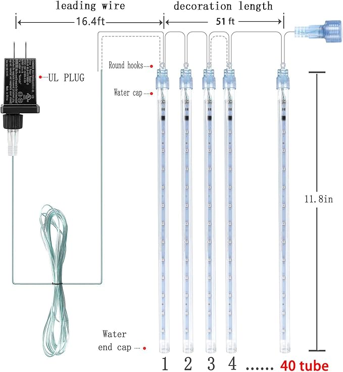 Kwaiffeo Blue Icicle Lights for Outside, Waterproof 40 Tubes LED Meteor Shower Lights for Christmas Halloween Decor Yard Lawn, Equivalent to 5 Sets of 8-Tubes
