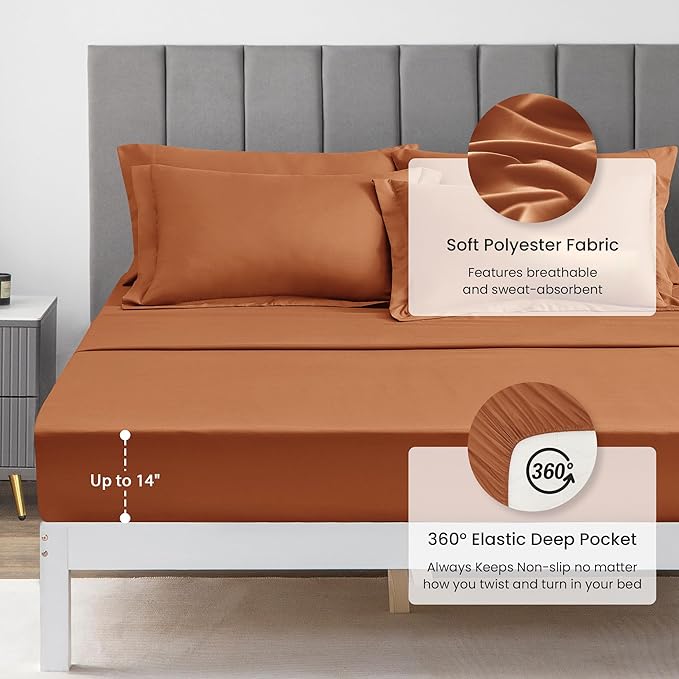 Love's cabin King Size Comforter Set Terracotta, 7 Pieces King Bed in a Bag, All Season Bedding Sets with 1 Comforter, 1 Flat Sheet, 1 Fitted Sheet, 2 Pillowcase and 2 Pillow Sham
