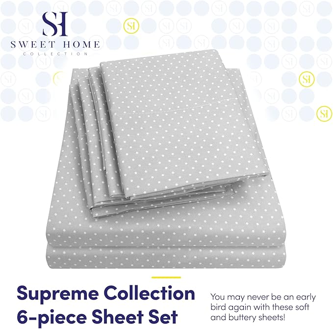 Cal King Size Bed Sheets - 6 Piece 1500 Supreme Collection Fine Brushed Microfiber Deep Pocket California King Sheet Set Bedding - 2 Extra Pillow Cases, Great Value, California King, Dot Gray