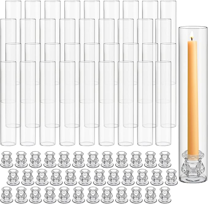 36 Set Christmas Glass Hurricane Candle Holders 12.6" Open Ended Glass Candleholder Tube Shape Bottomless and 2.2" Taper Clear Candlestick Holders for Wedding Party Table Centerpiece (Clear)