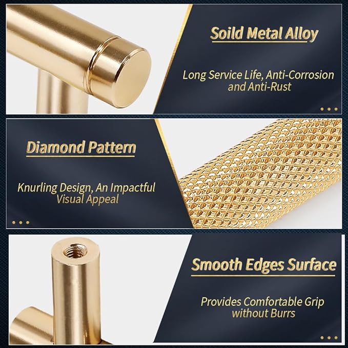 Knurled Cabinet Pulls 2 Pack, 4 Inch Long Cabinet Handles Metal Door Pulls, Kitchen Drawer Pull Knurled Dresser Handles - 3" Hole to Hole, Golden