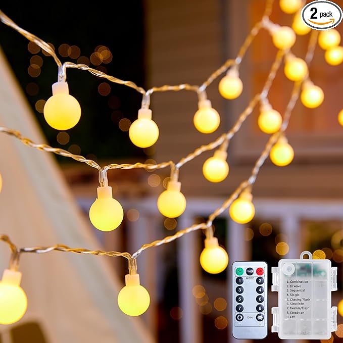 Minetom 2 Pack Globe String Lights Battery Operated, Totally 120 LED Fairy Lights with Remote, Waterproof for Indoor Outdoor Bedroom Classroom Dorm Camping Canopy Wedding Xmas Decor, Warm White