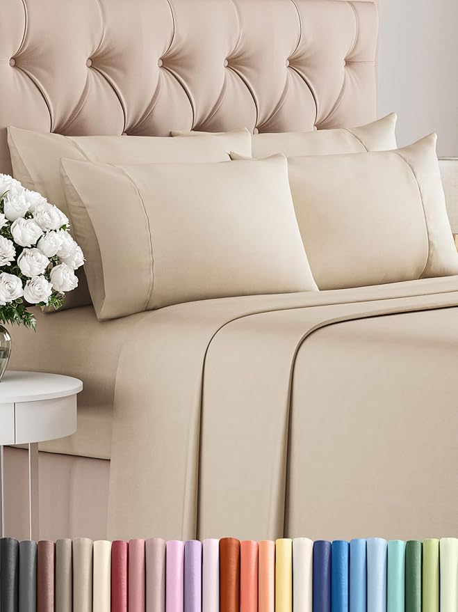 King Sheets Set 6 Piece - Includes 4 Pillowcases - Bed Sheets King Size - Soft Hotel Luxury Bedding - Cooling, Comfy, Fade Free & Breathable - 1 Flat & 1 Fitted & 4 Pillowcases w/ Deep Pockets - Wheat