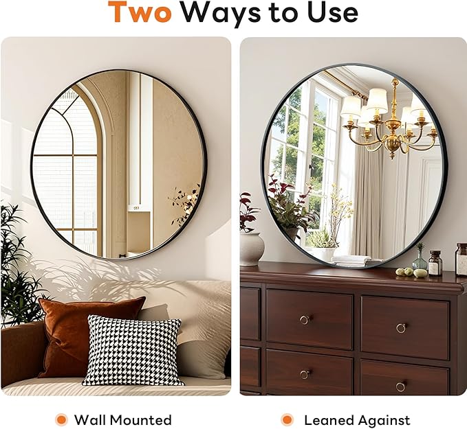 Sweetcrispy Round Bathroom Mirror 20 Inch Black Metal Framed Wall Mounted Circle Vanity Mirror for Bathroom, Bedroom, Living Room, Entryway, Anti-Rust, Modern Decorative, Hanging or Leaning