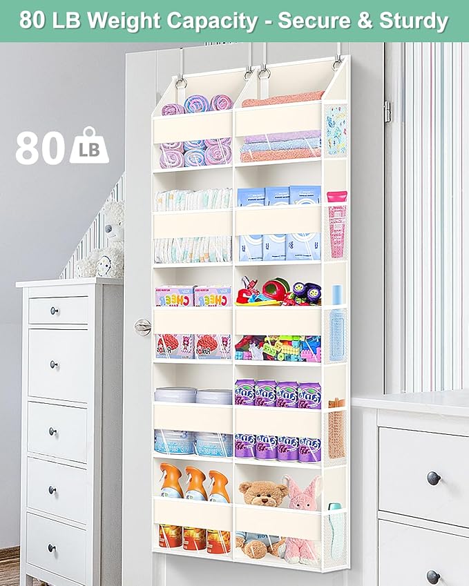 Heavy Duty Over The Door Organizer 5 Tiers, Extra Large Behind Door Storage of 10 Big Front & 10 Mesh Pockets, 80lb Weight Capacity, Hanging Doors Storage Organizer for Closet Bedroom Nursery, Beige