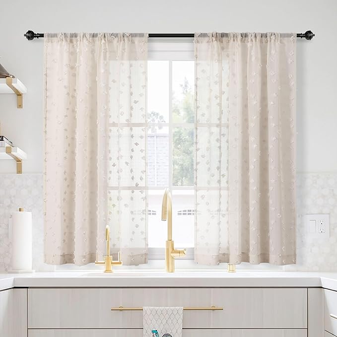MYSKY HOME Beige Sheer Short Curtains with Pom Pom for Small Windows Bedroom Nursery Kids Girls Room Curtains Cafe Kitchen Light Filtering Boho Drapes, Rod Pocket,52 x 45 Inches, 2 Panels