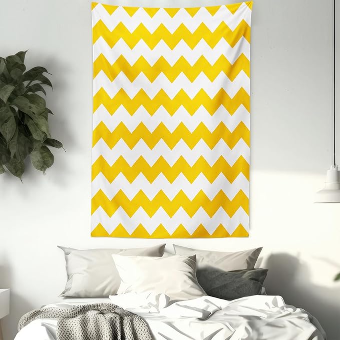 Lunarable Mustard Tapestry Twin Size, Zigzag Pattern Chevron Criss-Crossed Triangle Arrow Style Lines Geometric, Wall Hanging Bedspread Bed Cover Wall Decor, Twin Size, Yellow White