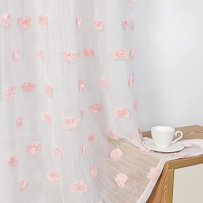 MYSKY HOME 45 Inches Long Pink Curtains for Kitchen Pom Pom White Sheer Curtains for Bedroom Living Room Nursery Girls Room Rod Pocket Boho Small Window Panels of 2 Drapes 37 x 45 inch Length