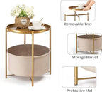 danpinera Round Side Table with Fabric Storage Basket, Pack of 2, Metal Side Table Small Bedside Nightstand with Removable Tray Top for Living Room, Bedroom, Nursery, Laundry, Gold