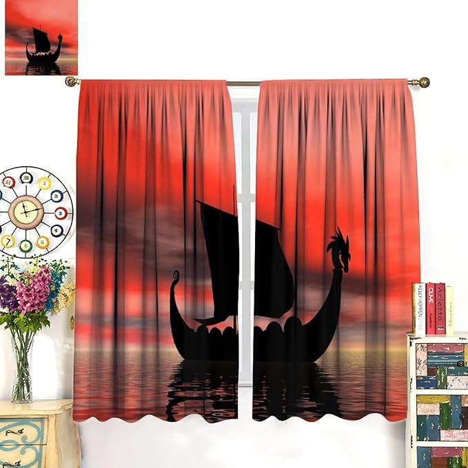 Viking Ship Curtains, Fantasy Ocean Vintage Sailboat at Sundown Nautical Themed Print Blackout Window Treatments for Boys Bedroom Living Room 63x72in
