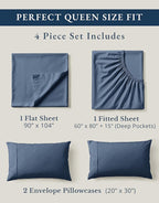 LANE LINEN 100% Organic Cotton Queen Sheets Set, Fully Elasticized Machine Washable Mercerized Cotton Soft & Comfy Low Pill Fade Resistant Sheets Queen Size Set, Classic Percale Weave- Estate Blue
